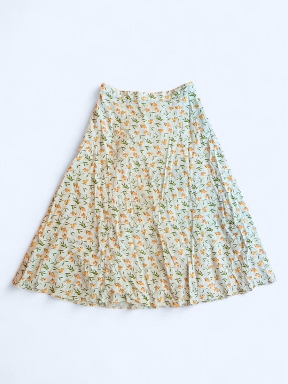 Light Teal Midi Skirt with Golden Yellow Floral Lemon Design — XS